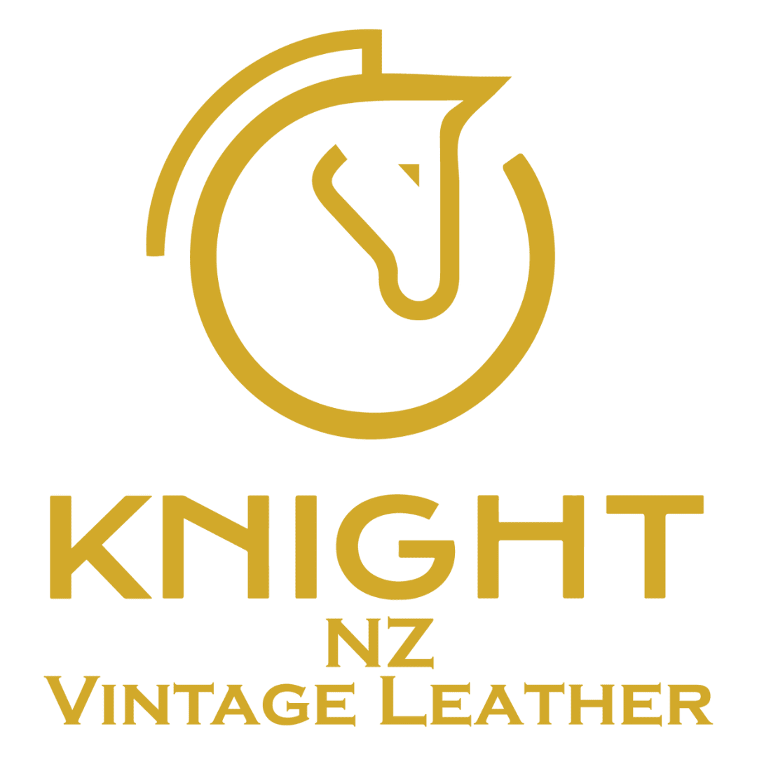 Company Logo which is a circular Gold line drawing wrapping a horse head into the circular line and text saying Knight NZ Vintage Leather.